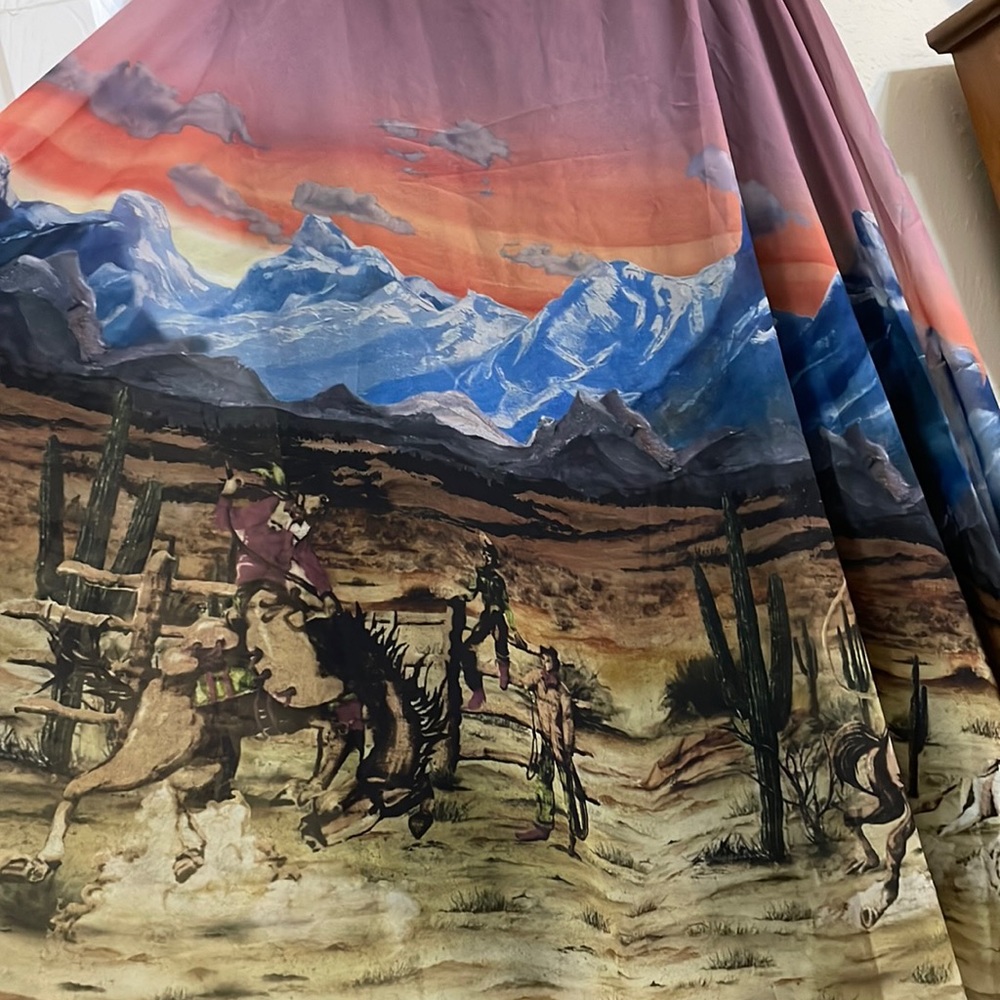 Long skirt with western scene (cowboys and cacti) by Tasha Polizzi.